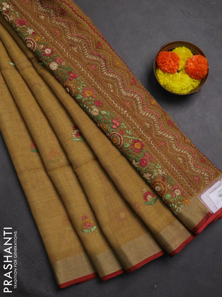 Tissue linen saree mustard yellow and maroon with embroidery buttas and embroidery kantha stitch work pallu