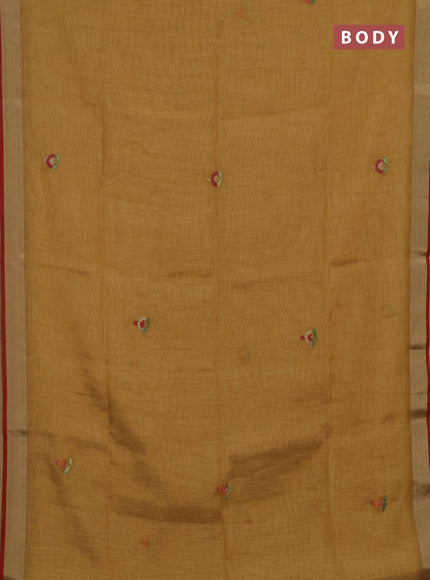 Tissue linen saree mustard yellow and maroon with embroidery buttas and embroidery kantha stitch work pallu