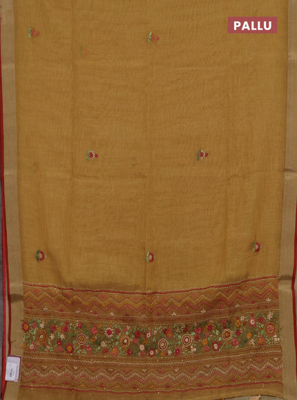 Tissue linen saree mustard yellow and maroon with embroidery buttas and embroidery kantha stitch work pallu