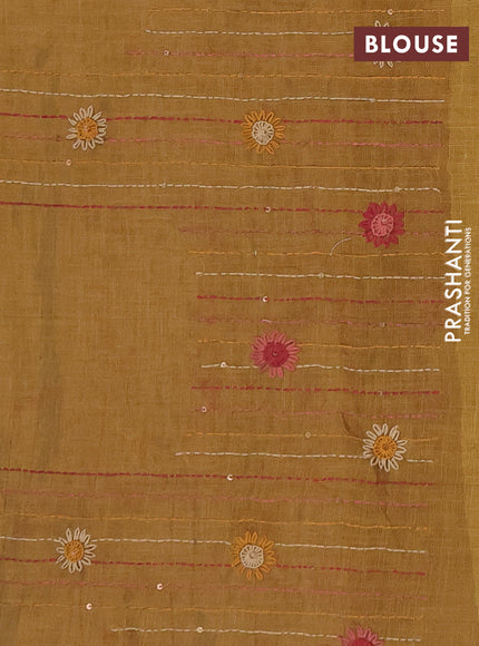 Tissue linen saree mustard yellow and maroon with embroidery buttas and embroidery kantha stitch work pallu