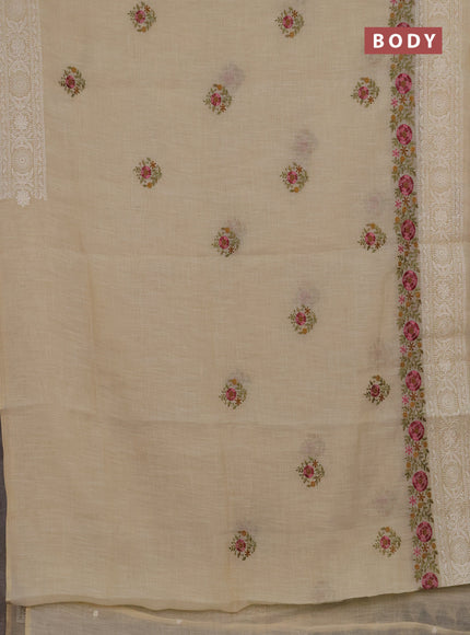 Tissue linen saree cream and pink with embroidery buttas and embroidery border