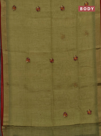 Linen cotton saree light green with embroidery buttas and embroidery pallu