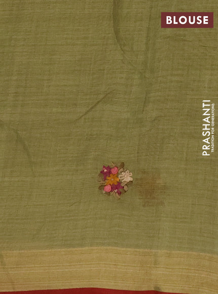 Linen cotton saree light green with embroidery buttas and embroidery pallu