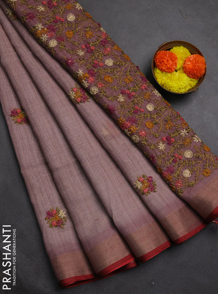 Linen cotton saree pastel purple with embroidery buttas and embroidery pallu