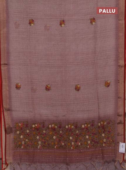 Linen cotton saree pastel purple with embroidery buttas and embroidery pallu