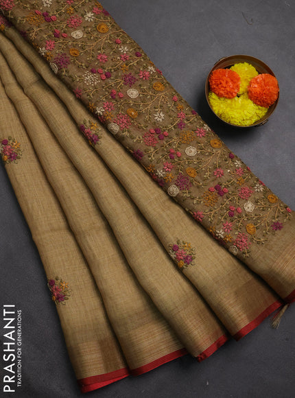Linen cotton saree sandal with embroidery buttas and embroidery pallu