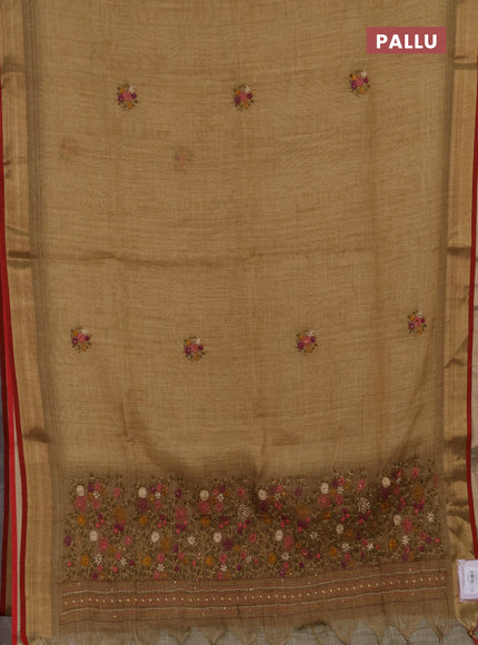 Linen cotton saree sandal with embroidery buttas and embroidery pallu