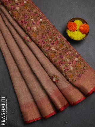 Linen cotton saree peach shade with embroidery buttas and embroidery pallu