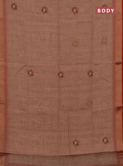 Linen cotton saree peach shade with embroidery buttas and embroidery pallu