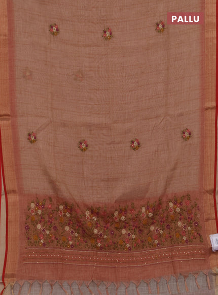 Linen cotton saree peach shade with embroidery buttas and embroidery pallu