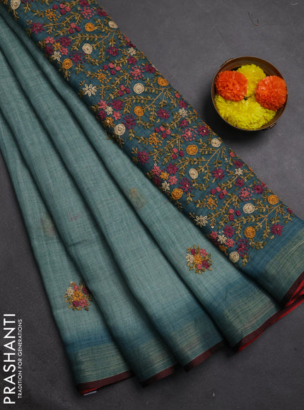 Linen cotton saree teal blue with embroidery buttas and embroidery pallu
