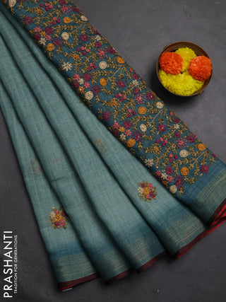 Linen cotton saree teal blue with embroidery buttas and embroidery pallu