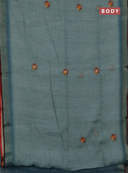 Linen cotton saree teal blue with embroidery buttas and embroidery pallu