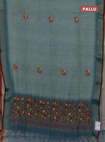 Linen cotton saree teal blue with embroidery buttas and embroidery pallu