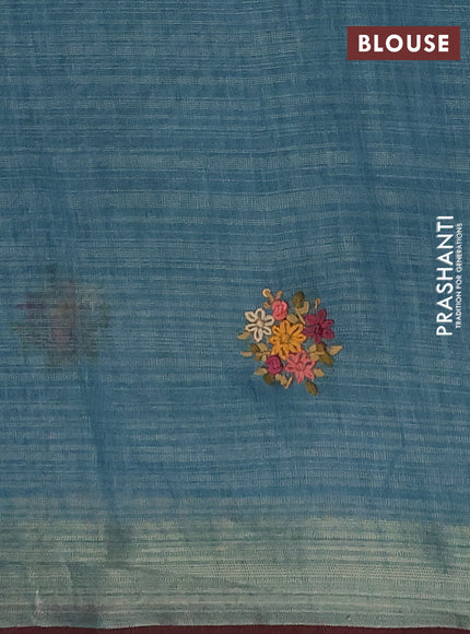 Linen cotton saree teal blue with embroidery buttas and embroidery pallu