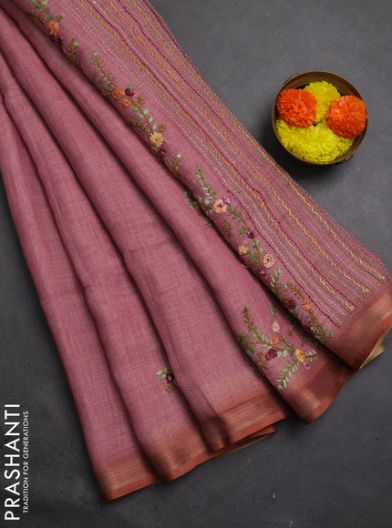 Linen cotton saree pastel pink with embroidery buttas and embroidery pallu