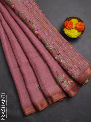 Linen cotton saree pastel pink with embroidery buttas and embroidery pallu