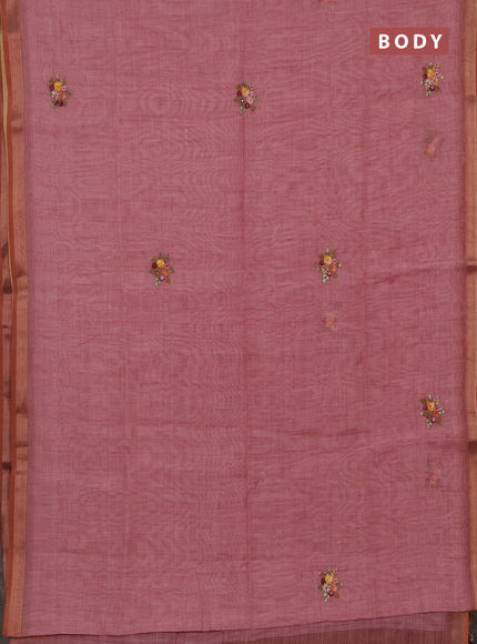 Linen cotton saree pastel pink with embroidery buttas and embroidery pallu