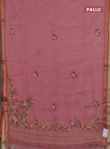 Linen cotton saree pastel pink with embroidery buttas and embroidery pallu