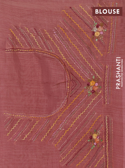 Linen cotton saree pastel pink with embroidery buttas and embroidery pallu