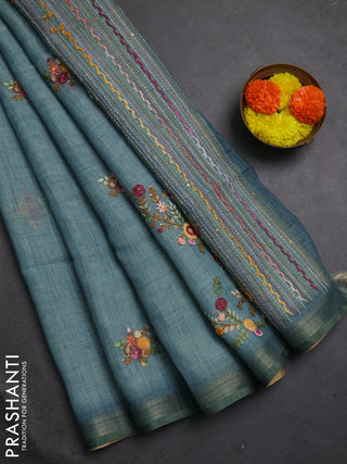 Linen cotton saree pastel blue with embroidery buttas and embroidery pallu
