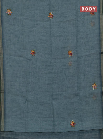 Linen cotton saree pastel blue with embroidery buttas and embroidery pallu