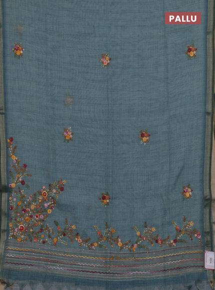 Linen cotton saree pastel blue with embroidery buttas and embroidery pallu