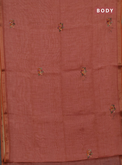 Linen cotton saree peach shade with embroidery buttas and embroidery pallu
