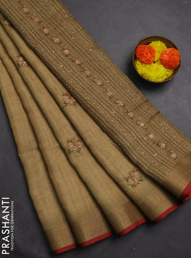 Tissue linen saree beige and maroon with embroidery buttas and embroidery kantha stitch work pallu