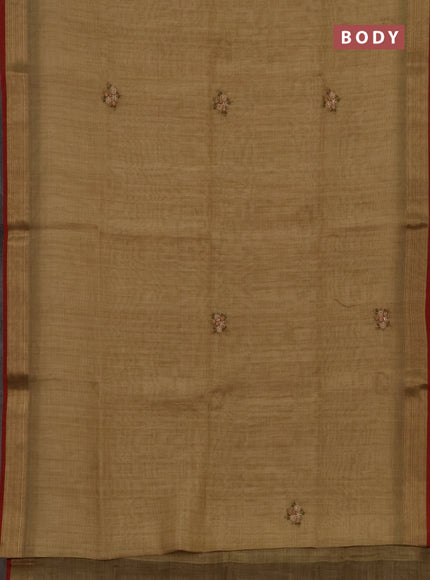Tissue linen saree beige and maroon with embroidery buttas and embroidery kantha stitch work pallu