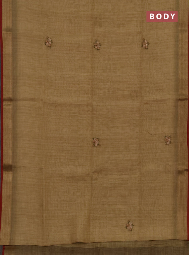 Tissue linen saree beige and maroon with embroidery buttas and embroidery kantha stitch work pallu