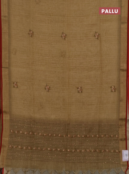 Tissue linen saree beige and maroon with embroidery buttas and embroidery kantha stitch work pallu