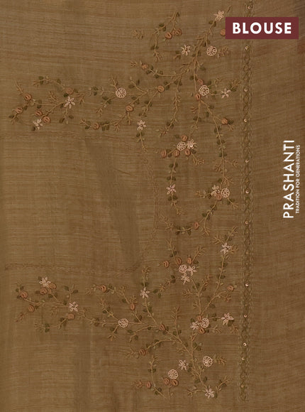 Tissue linen saree beige and maroon with embroidery buttas and embroidery kantha stitch work pallu