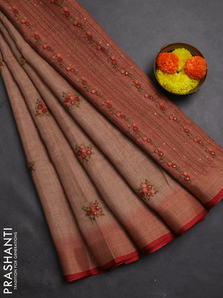 Tissue linen saree peach shade and maroon with embroidery buttas and embroidery kantha stitch work pallu
