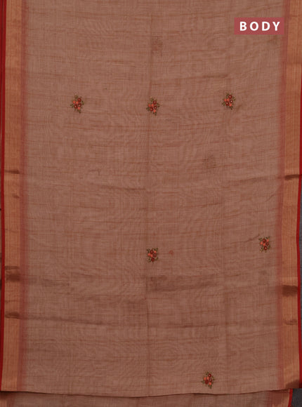Tissue linen saree peach shade and maroon with embroidery buttas and embroidery kantha stitch work pallu