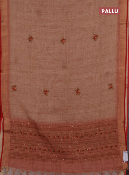 Tissue linen saree peach shade and maroon with embroidery buttas and embroidery kantha stitch work pallu