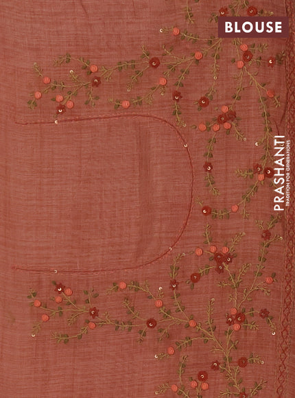 Tissue linen saree peach shade and maroon with embroidery buttas and embroidery kantha stitch work pallu