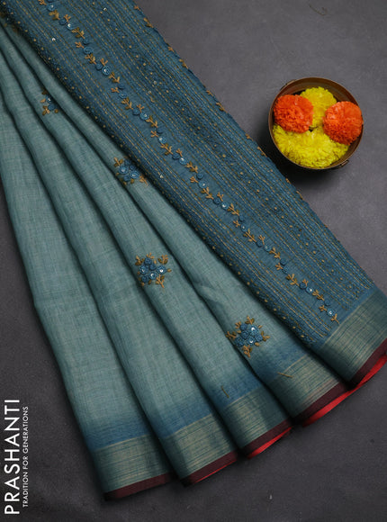 Tissue linen saree teal blue and maroon with embroidery buttas and embroidery kantha stitch work pallu