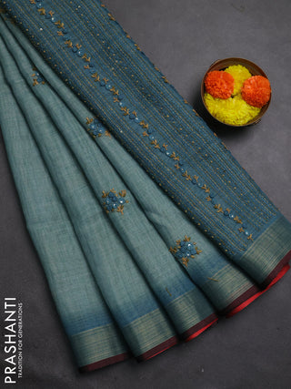 Tissue linen saree teal blue and maroon with embroidery buttas and embroidery kantha stitch work pallu