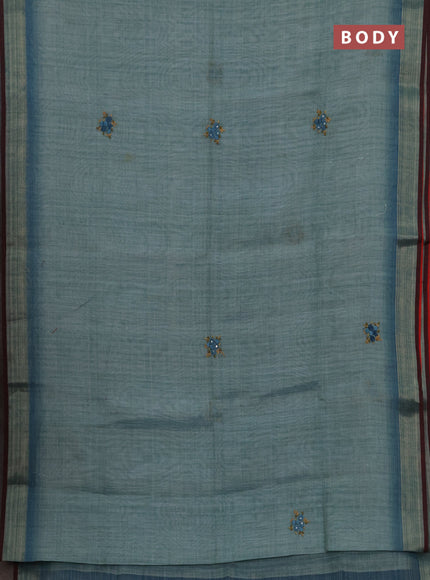 Tissue linen saree teal blue and maroon with embroidery buttas and embroidery kantha stitch work pallu