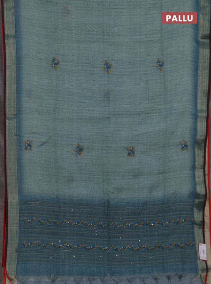Tissue linen saree teal blue and maroon with embroidery buttas and embroidery kantha stitch work pallu