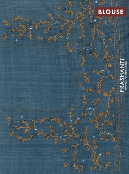Tissue linen saree teal blue and maroon with embroidery buttas and embroidery kantha stitch work pallu