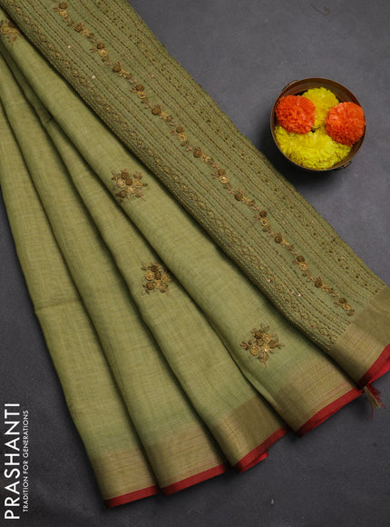 Tissue linen saree green and maroon with embroidery buttas and embroidery kantha stitch work pallu