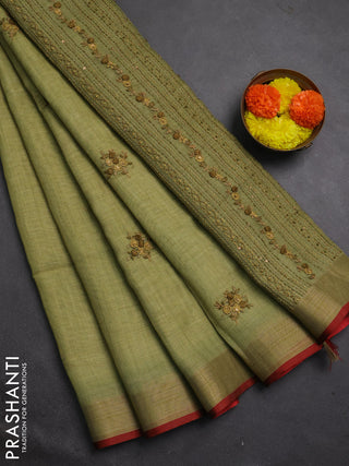 Tissue linen saree green and maroon with embroidery buttas and embroidery kantha stitch work pallu
