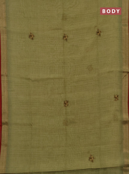 Tissue linen saree green and maroon with embroidery buttas and embroidery kantha stitch work pallu