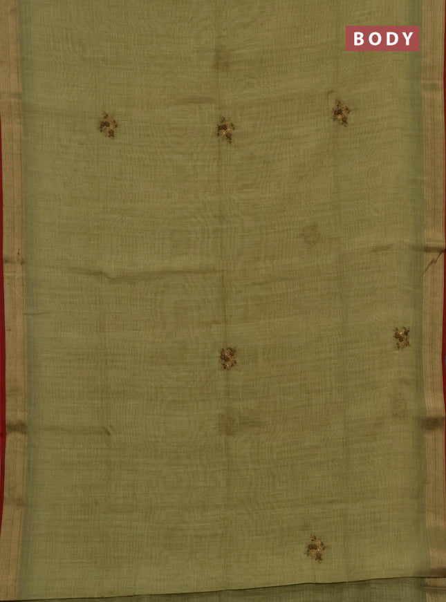 Tissue linen saree green and maroon with embroidery buttas and embroidery kantha stitch work pallu