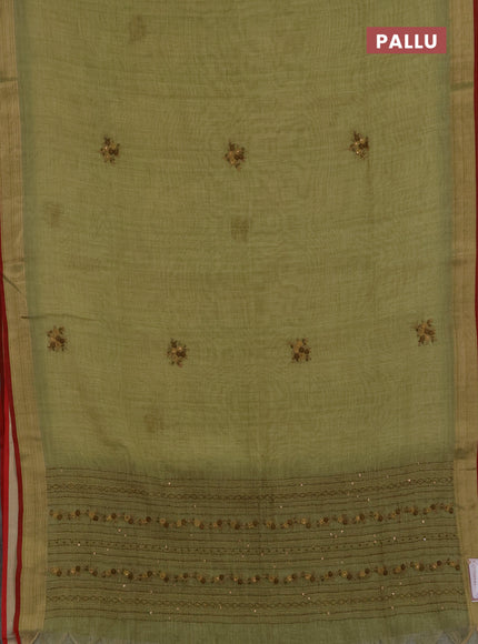Tissue linen saree green and maroon with embroidery buttas and embroidery kantha stitch work pallu