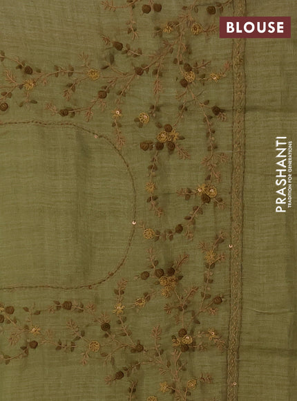 Tissue linen saree green and maroon with embroidery buttas and embroidery kantha stitch work pallu