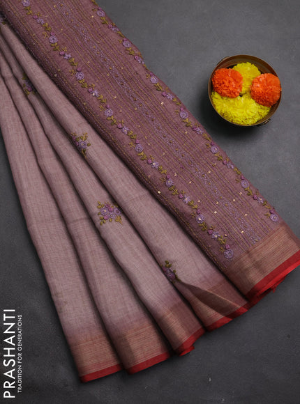 Tissue linen saree pink and maroon with embroidery buttas and embroidery kantha stitch work pallu