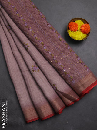 Tissue linen saree pink and maroon with embroidery buttas and embroidery kantha stitch work pallu